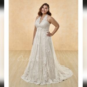 Daleyza Ivory Champagne Halter Lace Corset Back Wedding Dress 20W NEW